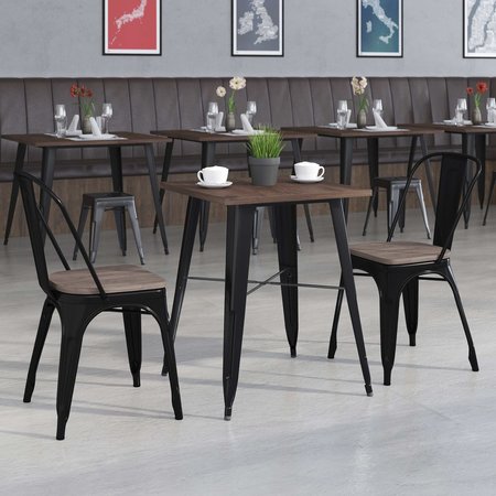 FLASH FURNITURE Square Square Black Metal Table Set with Wood T, 26" W, 26" L, 30.25" H, Wood Top, Wood Grain CH-WD-TBCH-15-GG